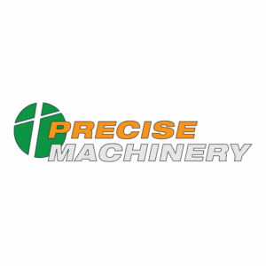 Precise Machinery - The logo has the word, "Precise" orange, and the word, "Machinery" grey-ish. The logo includes a brand mark that is dark-ish green with two lines that go through horizontally and vertically.