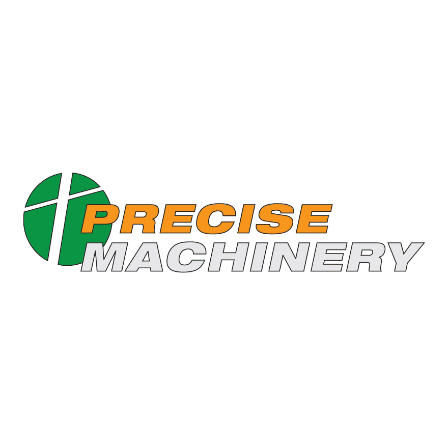 Precise Machinery - The logo has the word, "Precise" orange, and the word, "Machinery" grey-ish. The logo includes a brand mark that is dark-ish green with two lines that go through horizontally and vertically.
