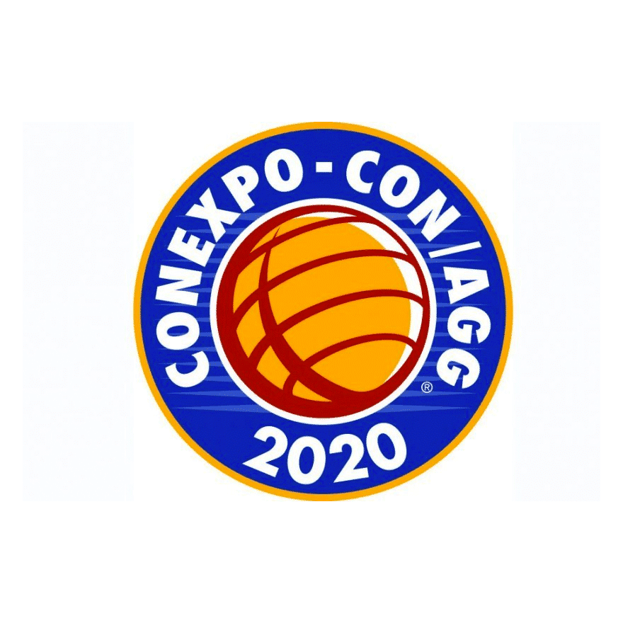 Conexpo Conn/Agg 2020 - This logo has colors such as blue, and orange, white. There is a orange ball in the middle, and surrounding blue outside the circle.