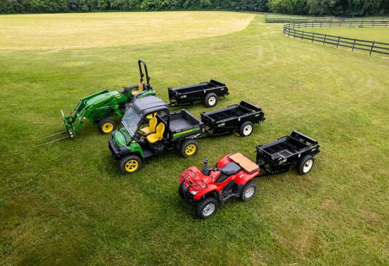 ABI Attachments manure spreaders in sizes 25, 50, 65, and 85, designed to shred and evenly spread manure across farms and fields.