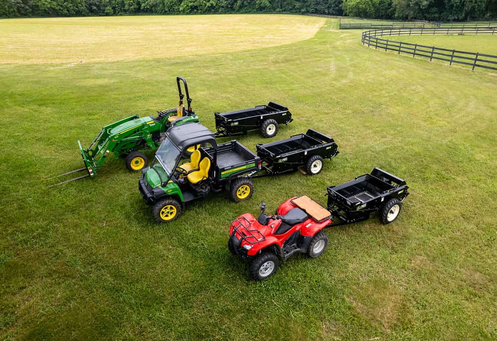 ABI Attachments manure spreaders in sizes 25, 50, 65, and 85, designed to shred and evenly spread manure across farms and fields.