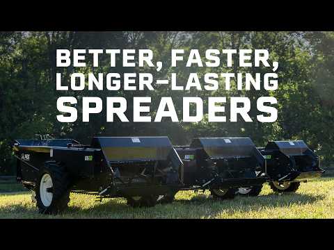 Better, faster, longer-lasting ABI Attachments manure spreaders in sizes 25, 50, 65, and 85, displayed together.