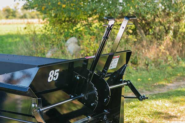 The ABI Classic Ground Drive (GD) Manure Spreader is operated via two primary hand levers controlling the apron chain speed (feed rate) and the beater bar engagement. It features four speed settings to manage application volume and uses a specialized ratcheting hub for maneuvering. It is designed for use with UTVs/compact tractors.