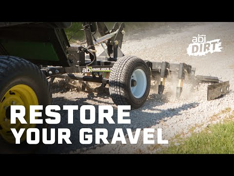 "Restore Your Gravel" in white nad bold font. In the top right corner, it says "ABI Dirt", a YouTube series presented byy ABI Attachments. This diplays the Gravel Rascal Pro dragging/pulling gravel.