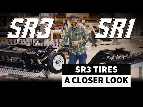 'SR3' featured in the left side, in the right 'SR1' was here- each with attachments featured. In the right bottom corner, 'SR3 Tires - A Closer Look'. A man is in the middle displaying the attachments.