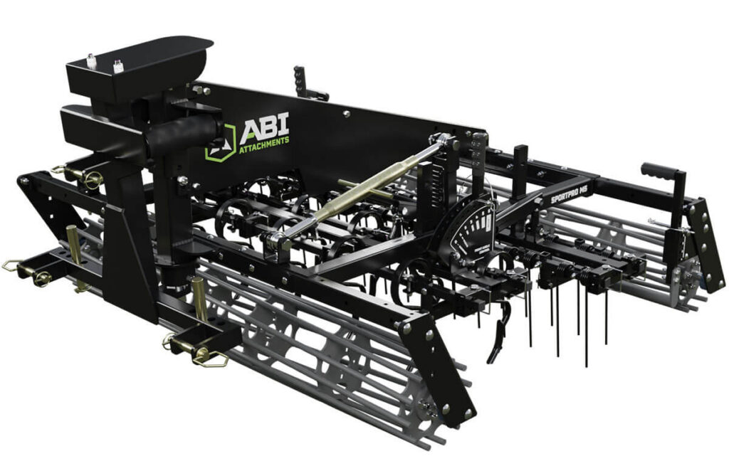 The ABI SportPro M5 is a professional-quality arena groomer (drag) designed for maintaining synthetic and sand footing in horse riding arenas. It is specifically designed for use with compact tractors (minimum 24 HP, 4WD) and features a swivel hitch.