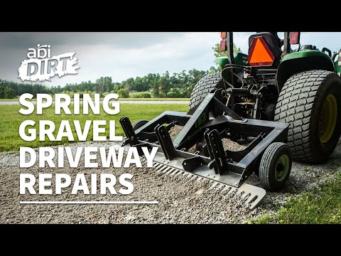 "Spring Gravel Driveway Repairs" in white and bold font. In the top left corner, it says "ABI Dirt", a YouTube series presented by ABI Attachments.