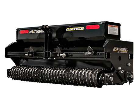 Command Seeder - The ABI Attachments Command Seeder is a 3-point hitch, tractor-mounted tool (often 80" width) designed for efficient seedbed preparation, ground engagement, and seeding in a single pass.