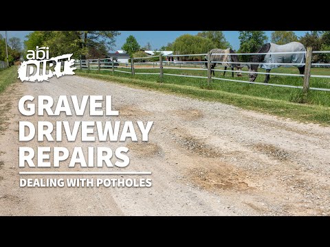 "Gravel Driveway Repairs - Dealing with Potholes" in white and bold font. In the top left corner, it says "ABI Dirt", a YouTube series presented by ABI Attachments.