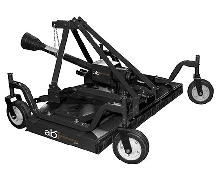 Finish Mower - A rear-mounted ABI finish mower attachment attached to a tractor, featuring a wide yellow or blue steel deck and four solid rubber guide wheels designed for high-precision lawn grooming and producing a manicured finish.