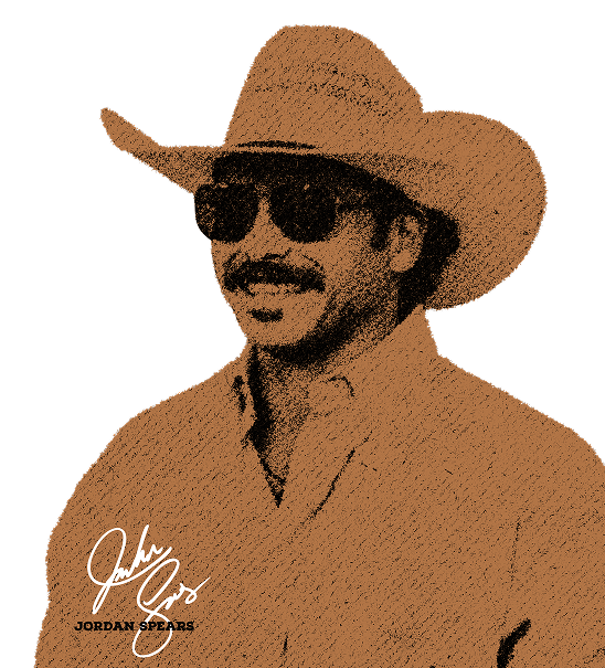 Jordan Spear's signature and in print in bottom right of image. Jordan Spears has a photo of him in brown, to display a vintage look.