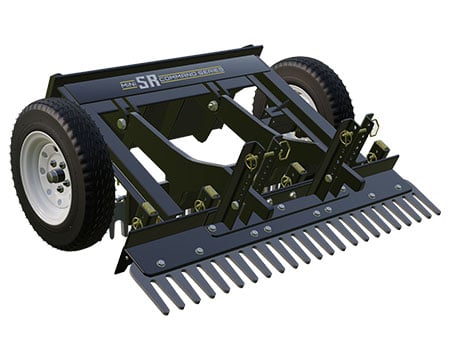 The "Mini SR" is a landscape and grading rake attachment for mini skid steers made by ABI Attachments, and its available attachments and upgrades are related to ground-working functions.