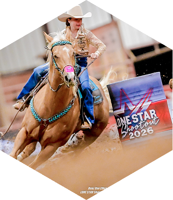 ABI Pros Ambassador Hex - Dusky Lynn Hall riding a horse around a barrel that says 'Lone Star Shoutout 2026'