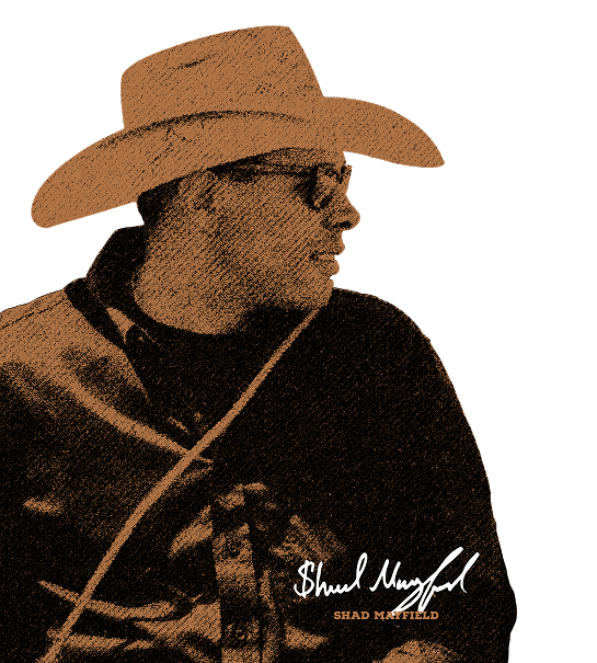 Shad Mayfield's signature and in print in bottom right of image. Shay Mayfield has a photo of him in brown, to display a vintage look.