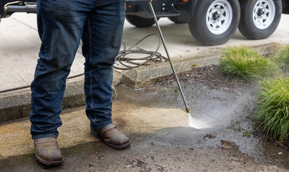 ABI 550 DOT Pro Water Trailer powering a strong pressure washer that is cleaning dirty pavement